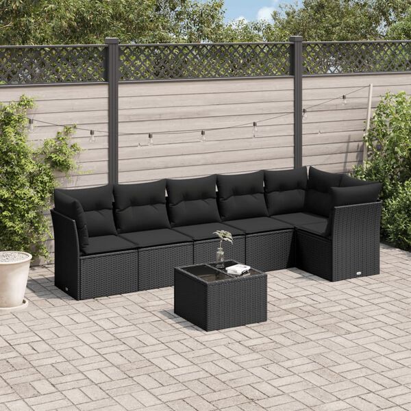 vidaXL 7 pcs conjunto de sof&aacute;s p/ jardim c/ almofad&otilde;es vime PE preto
