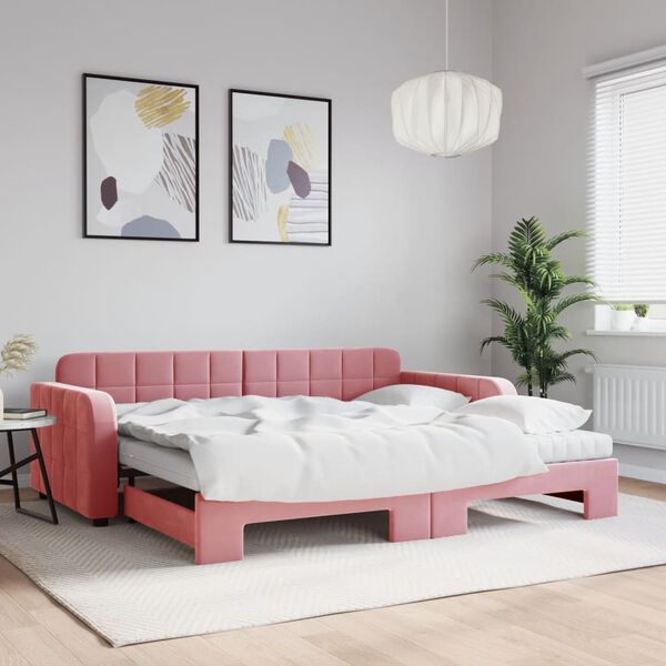 vidaXL Sofá-cama com gavetão e colchões 90x200 cm veludo rosa