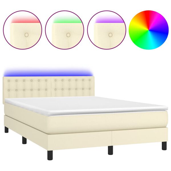 vidaXL Cama box spring c/ colch&atilde;o/LED 140x190cm couro artificial creme