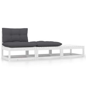 vidaXL 3 pcs conjunto lounge jardim c/ almofad&otilde;es pinho maci&ccedil;o branco