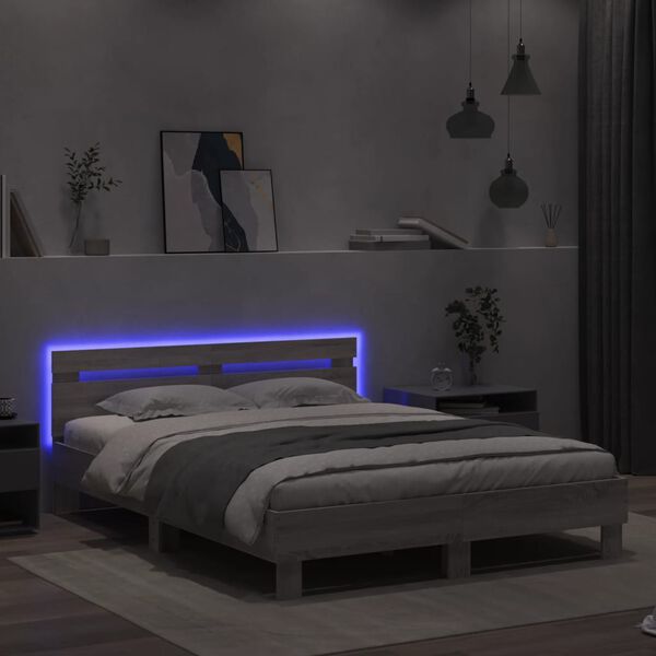 vidaXL Estrutura cama c/ cabeceira/luzes LED 140x190cm cinzento sonoma