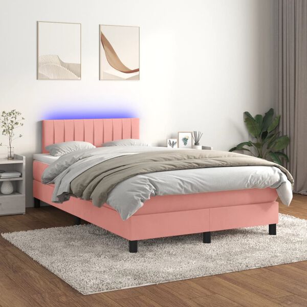 vidaXL Cama box spring c/ colch&atilde;o/LED 120x200 cm veludo rosa