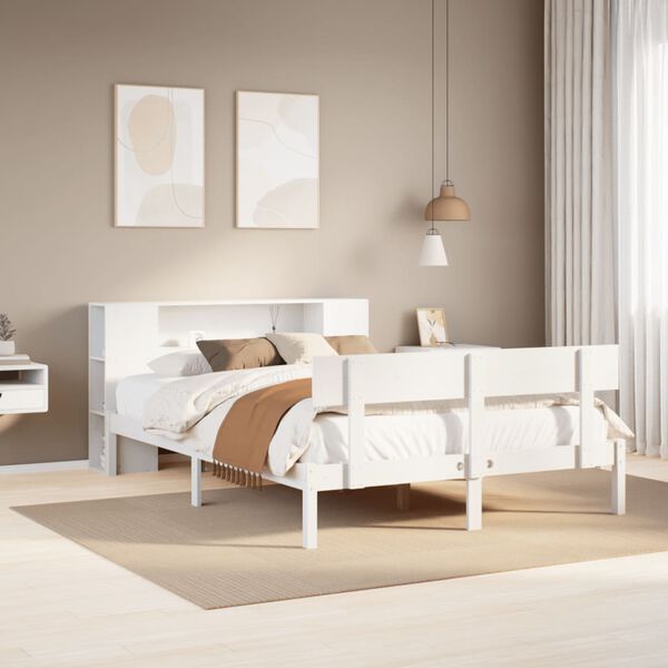 vidaXL Cama com estante sem colchão 120x200 cm pinho maciço branco
