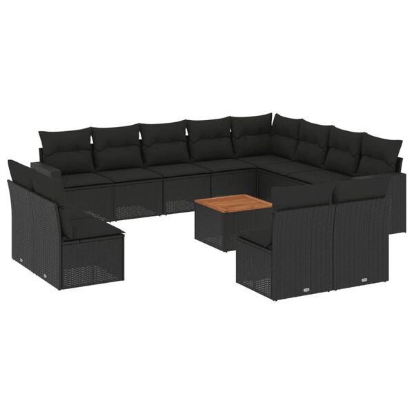 vidaXL 13 pcs conjunto de sof&aacute;s de jardim com almofad&otilde;es vime PE preto