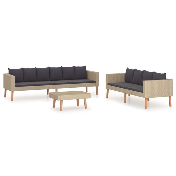 vidaXL 3 pcs conjunto lounge de jardim c/ almofadões vime PE bege