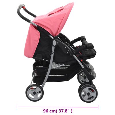 vidaXL Carrinho de bebé para gémeos aço cor-de-rosa e preto