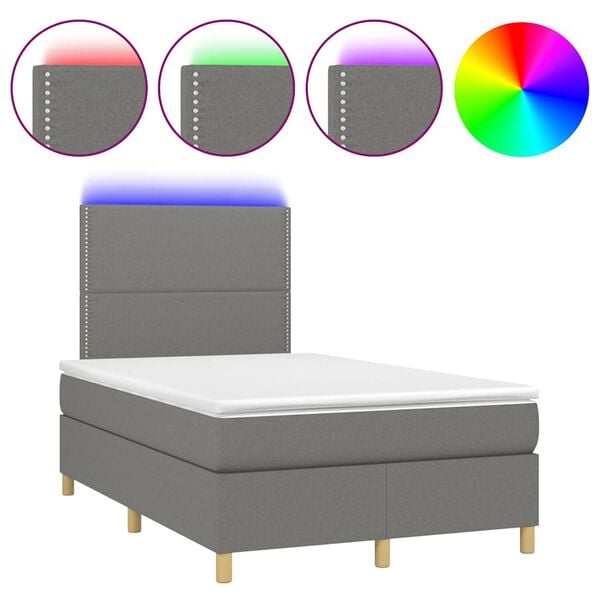 vidaXL Cama box spring c/ colch&atilde;o e LED 120x190 cm tecido cinza-escuro