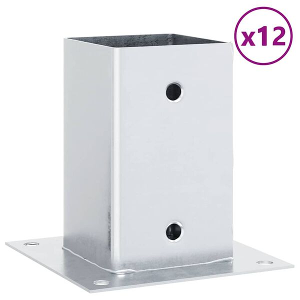 vidaXL Bases de poste quadradas 12 pcs prata 91x91 mm a&ccedil;o galvanizado