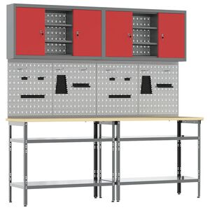 vidaXL Conjunto de bancada de trabalho 8 unid. Vermelho e Cinza