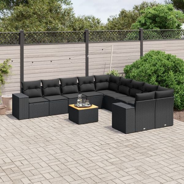 vidaXL 11 pcs conjunto sof&aacute;s de jardim c/ almofad&otilde;es vime PE preto
