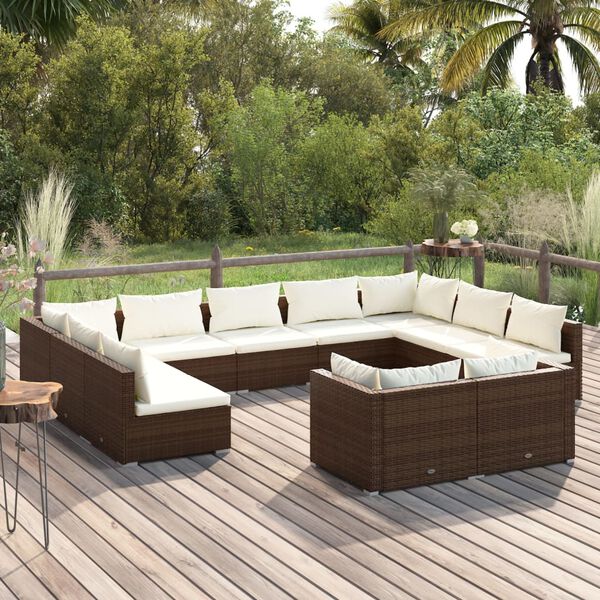 vidaXL 11 pcs conjunto lounge de jardim c/ almofad&otilde;es vime PE castanho