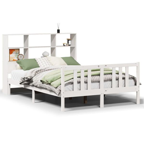 vidaXL Cama com estante sem colchão 140x200 cm pinho maciço branco