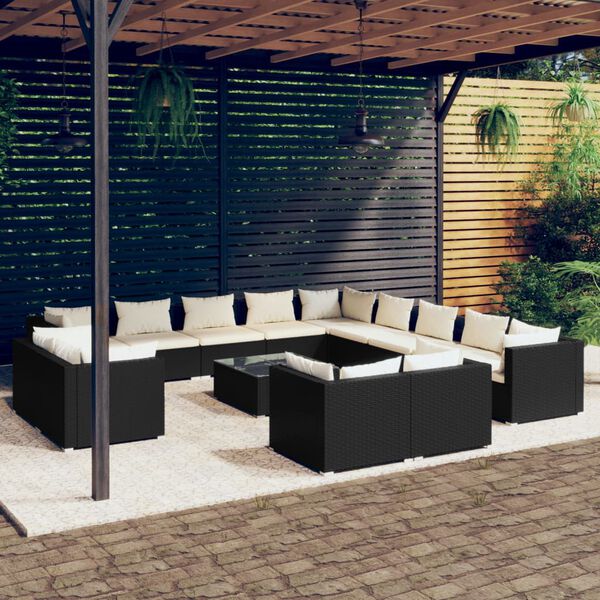 vidaXL 14 pcs conjunto lounge de jardim c/ almofad&otilde;es vime PE preto