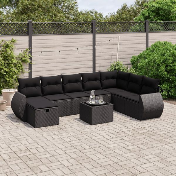 vidaXL 9 pcs conjunto de sof&aacute;s p/ jardim c/ almofad&otilde;es vime PE preto