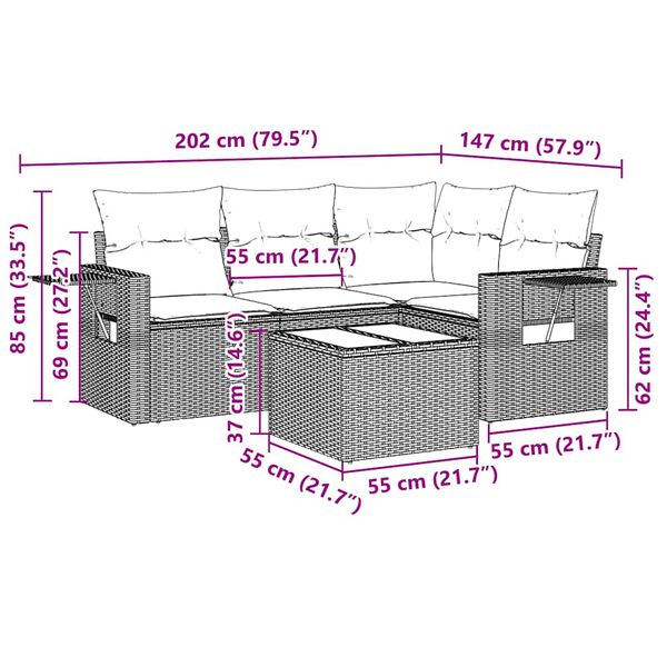 vidaXL 5 pcs conj. sof&aacute;s jardim c/ almofad&otilde;es vime PE cinzento-claro
