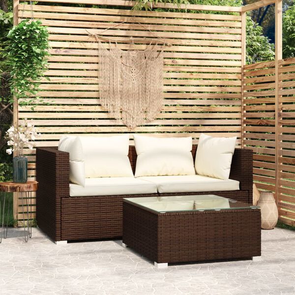vidaXL 3 pcs conjunto lounge jardim c/ almofad&otilde;es vime PE castanho