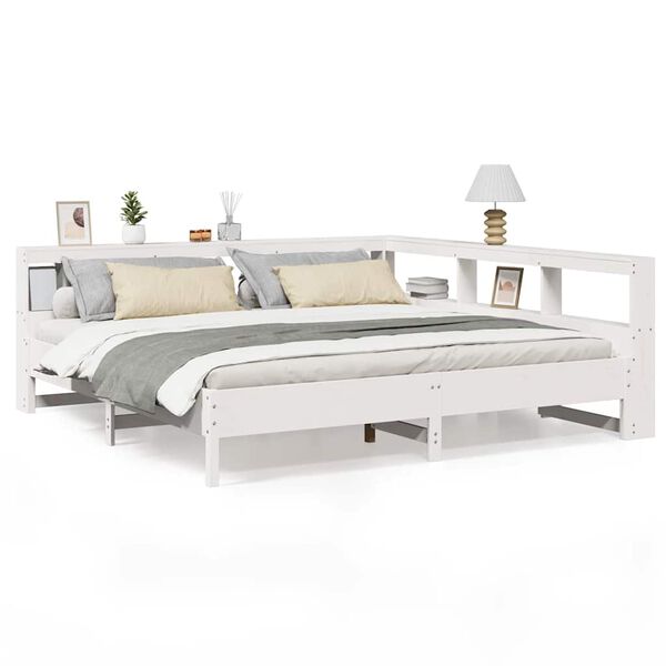 vidaXL Cama com estante sem colch&atilde;o 180x200 cm pinho maci&ccedil;o branco