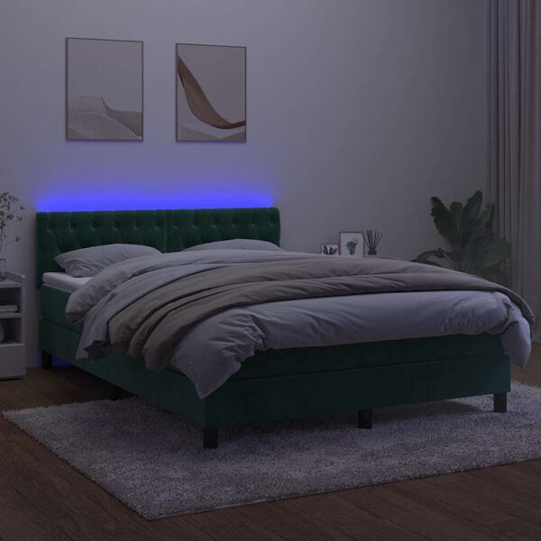 vidaXL Cama box spring c/ colch&atilde;o/LED 140x190 cm veludo verde-escuro