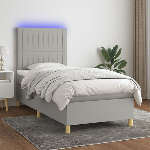 vidaXL Cama box spring c/ colch&atilde;o e LED 90x190 cm tecido cinza-claro