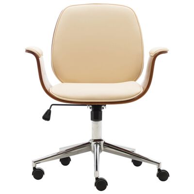 vidaXL Cadeira de escritório madeira curvada e couro artificial creme
