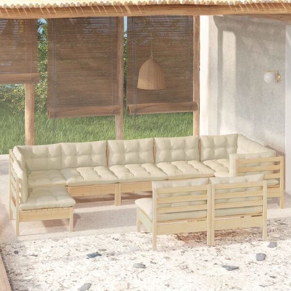 vidaXL 9 pcs conjunto lounge jardim c/ almofad&otilde;es creme pinho maci&ccedil;o
