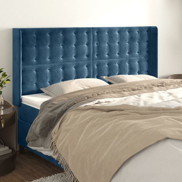 vidaXL Cabeceira cama c/ abas veludo 163x16x118/128 cm azul-escuro