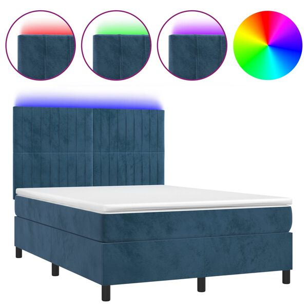 vidaXL Cama box spring c/ colch&atilde;o/LED 140x190 cm veludo azul-escuro