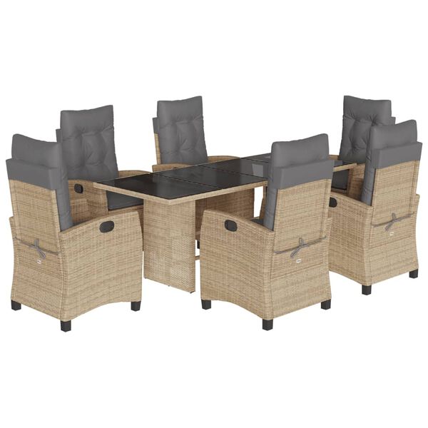vidaXL 7 pcs conj. jantar jardim c/ almofad&otilde;es vime PE bege misturado