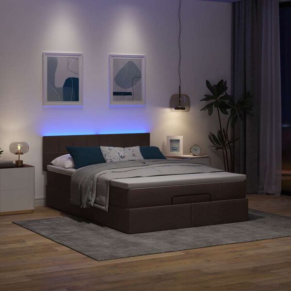 vidaXL Cama otomana com colch&atilde;o & LEDs 140x190 cm castanho escuro