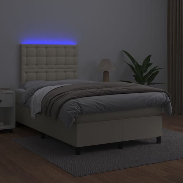 vidaXL Cama box spring c/ colch&atilde;o/LED 120x200cm couro artificial creme