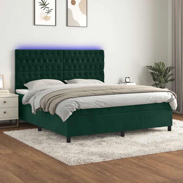 vidaXL Cama box spring c/ colch&atilde;o/LED 160x200 cm veludo verde-escuro