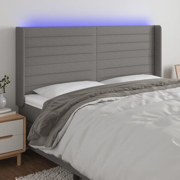 vidaXL Cabeceira de cama c/ LED tecido 203x16x118/128 cm cinza-escuro