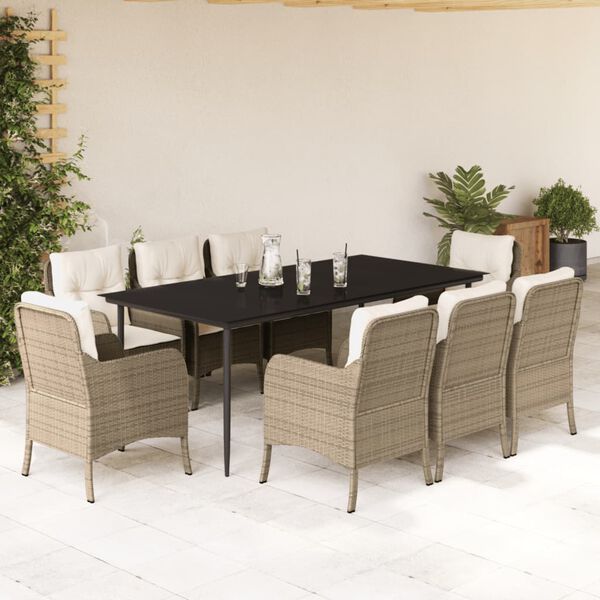 vidaXL 9 pcs conjunto de jantar p/ jardim com almofad&otilde;es vime PE bege