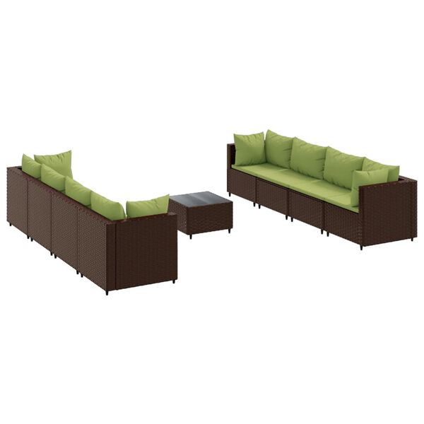 vidaXL 9 pcs conjunto lounge jardim c/ almofad&otilde;es vime PE castanho