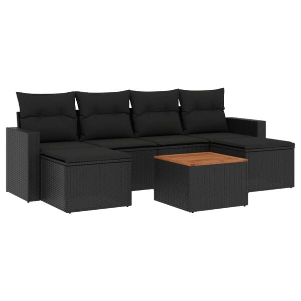 vidaXL 7 pcs conjunto de sof&aacute;s p/ jardim c/ almofad&otilde;es vime PE preto