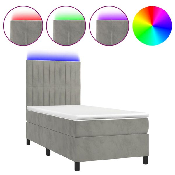 vidaXL Cama box spring c/ colch&atilde;o/LED 90x190 cm veludo cinzento-claro