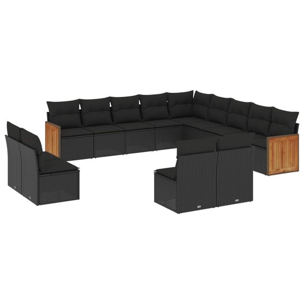 vidaXL 13 pcs conjunto de sof&aacute;s de jardim com almofad&otilde;es vime PE preto