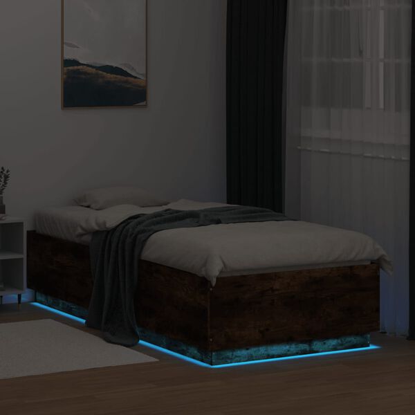 vidaXL Estrutura cama c/ luzes LED derivados madeira carvalho fumado
