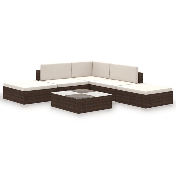 vidaXL 6 pcs conjunto lounge jardim c/ almofadões vime PE castanho