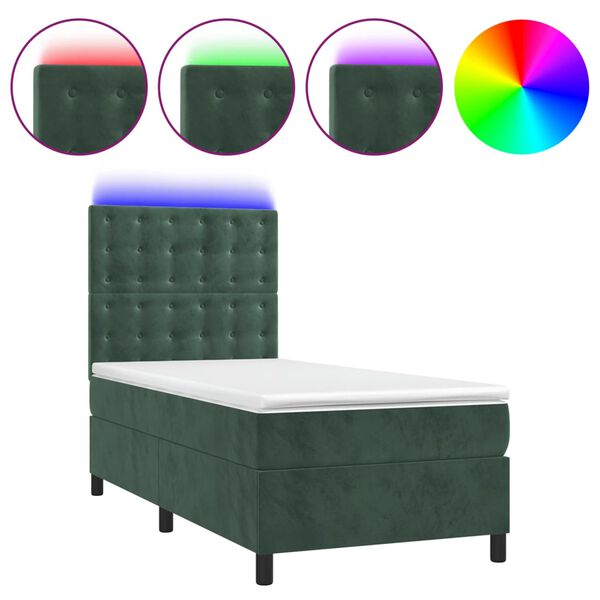vidaXL Cama box spring c/ colch&atilde;o/LED 90x200 cm veludo verde-escuro