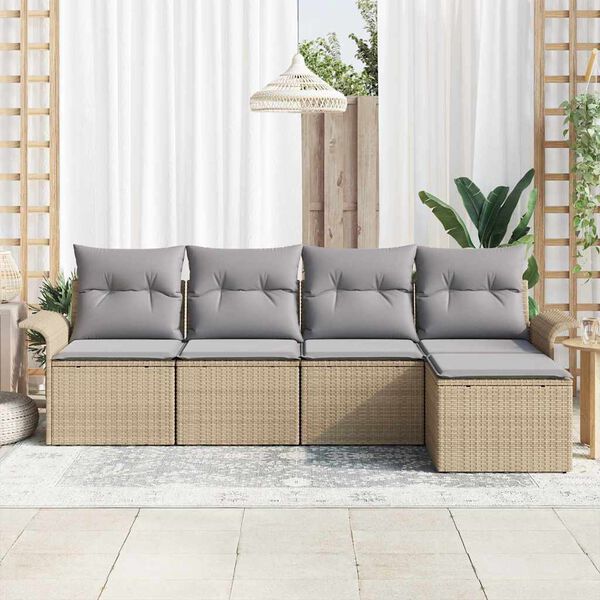 vidaXL Conjunto de Sof&aacute; de Jardim com almofada 5 pcs Bege vime PE