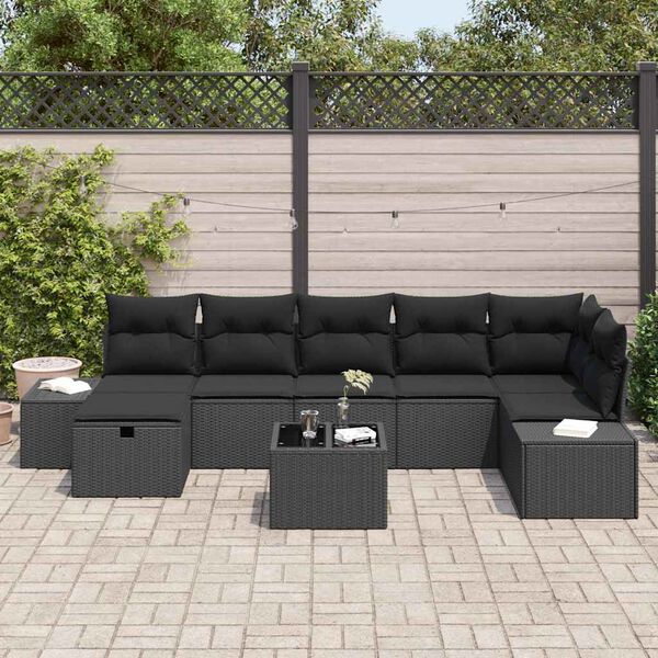 vidaXL Conjunto de Sof&aacute; de Jardim com almofada 8 pcs Preto vime PE