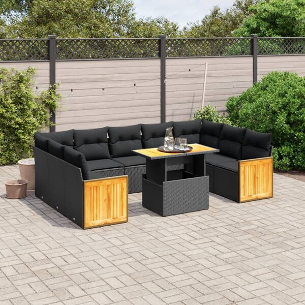 vidaXL 10 pcs conjunto sof&aacute;s de jardim c/ almofad&otilde;es vime PE preto
