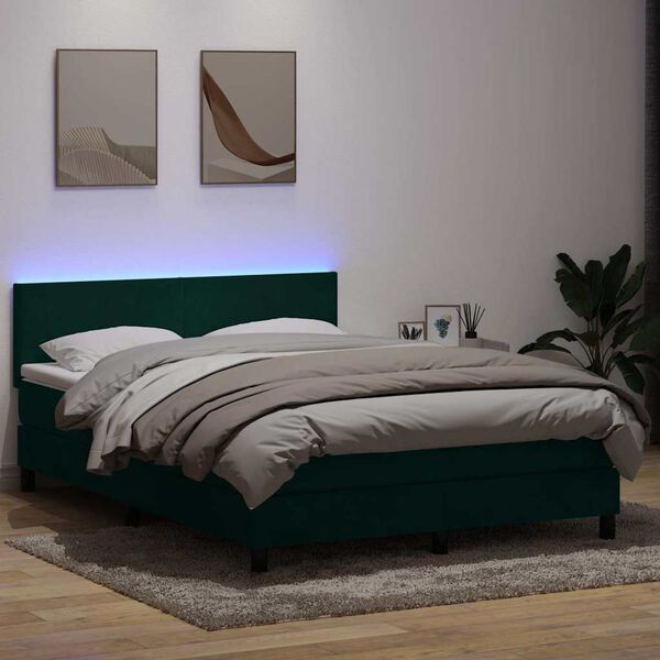 vidaXL Cama box spring c/ colch&atilde;o e LED 160x220 cm veludo verde-escuro