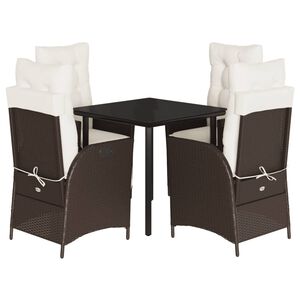 vidaXL 5 pcs conjunto jantar p/ jardim c/ almofad&otilde;es vime PE castanho