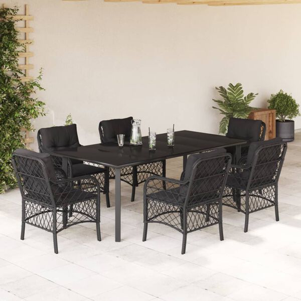 vidaXL 7 pcs conjunto de jantar p/ jardim c/ almofad&otilde;es vime PE preto