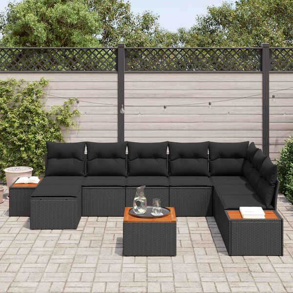 vidaXL Conjunto de Sof&aacute; de Jardim com almofada 9 pcs Preto Polirattan