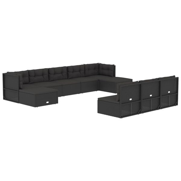vidaXL 10 pcs conjunto lounge de jardim c/ almofad&otilde;es vime PE preto