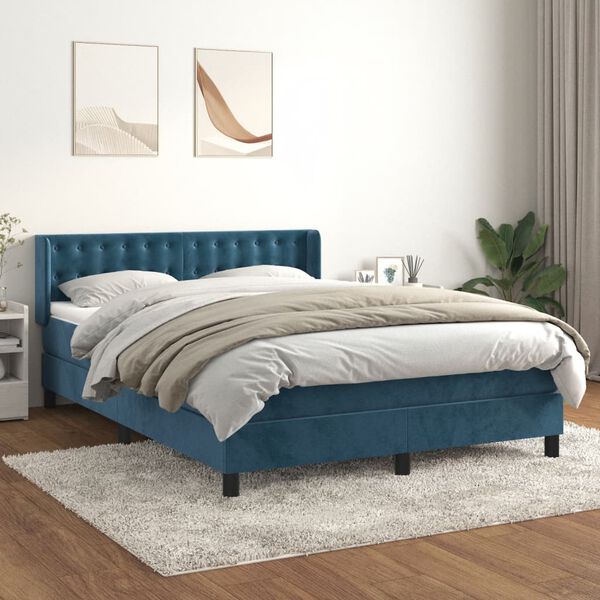 vidaXL Cama com molas/colch&atilde;o 140x190 cm veludo azul-escuro