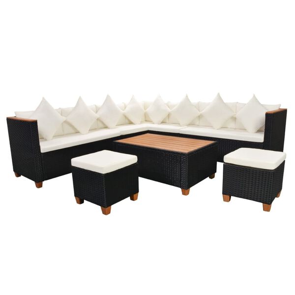 vidaXL 7 pcs conjunto lounge de jardim c/ almofad&otilde;es vime PE preto